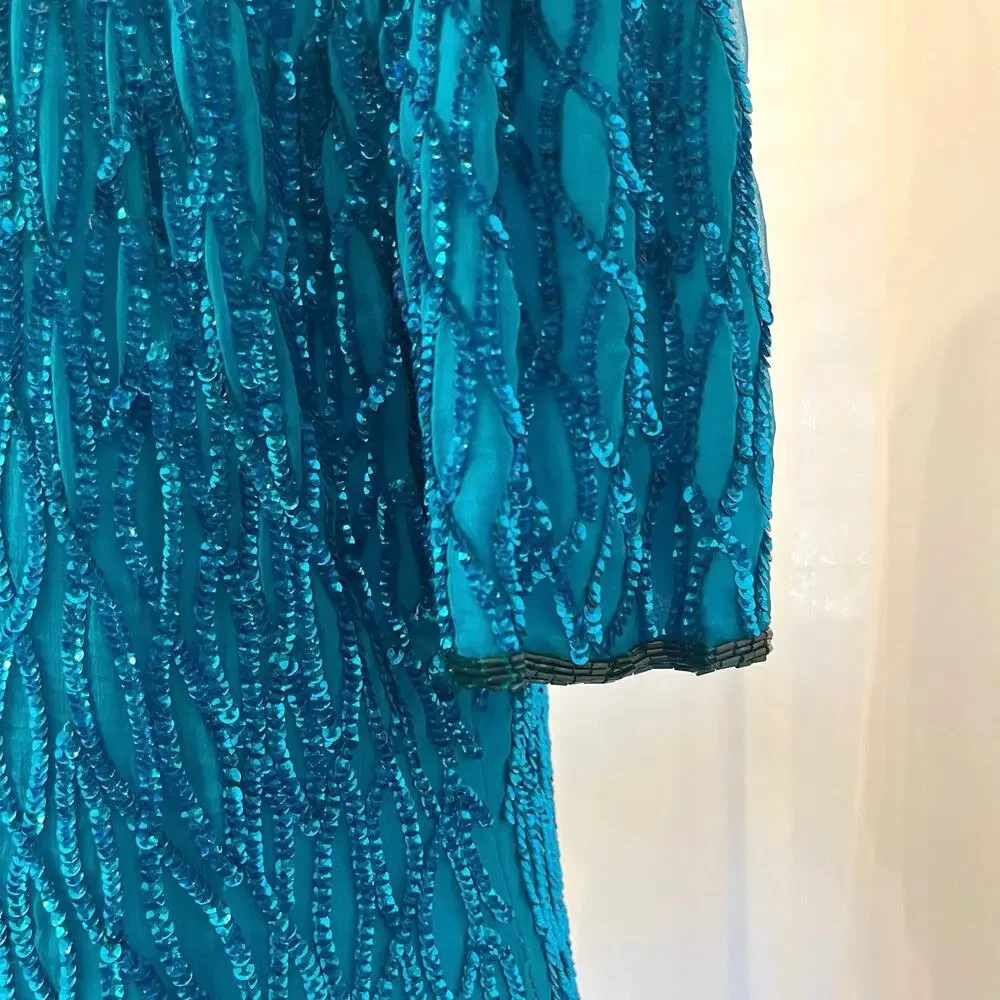 Vintage Laurence Kazar Sequin Sheath Dress L Silk Blue Beaded Party Costume 80s - Picture 5 of 16